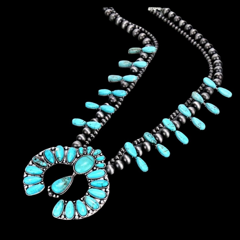 Turquoise Natural Stone Western Pearl Squash Necklace. Extra Large. NWT.